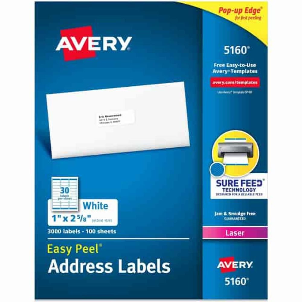 Avery Easy Peel® Address Labels With Sure Feed™ Technology, 1" Width X 2 5/8" Length, Permanent Adhesive, Rectangle, Laser, Matte, White, Paper
