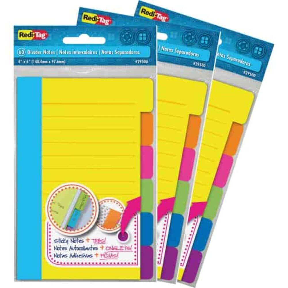 Redi-Tag Assorted Tab Ruled Sticky Notes, 10 X Blue, 10 X Green, 10 X Orange, 10 X Pink, 10 X Purple, 10 X Yellow, 4" Flag/Note Width X 6" Flag/Note Length, Rectangle, 60 Sheets Per Pad, Ruled, Multicolor