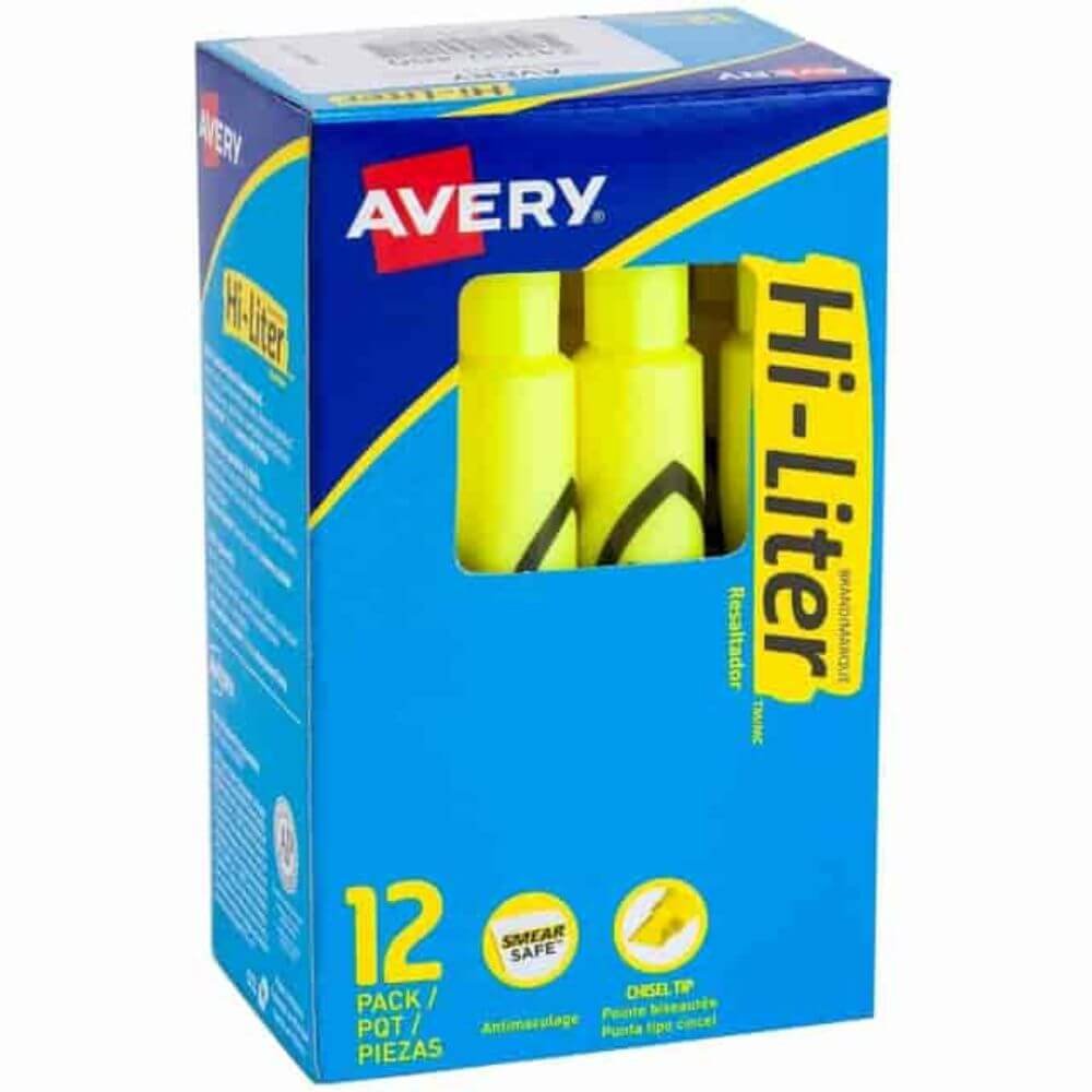 Avery Desk-Style, Fluorescent Yellow, 1 Count (24000), Chisel Marker Point, Washable, Fluorescent Yellow Ink, Water Based, Yellow Barrel, 1 Dozen